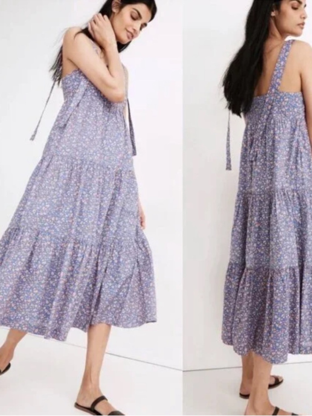 Madewell Tired Midi Dress Blue Floral Tie Strap Boho Prairie Cottagecore Medium